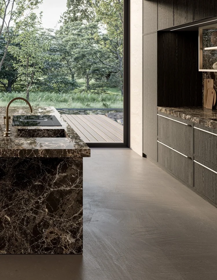 Contemporary Residence — Dubai, garden-facing kitchen with dark marble island