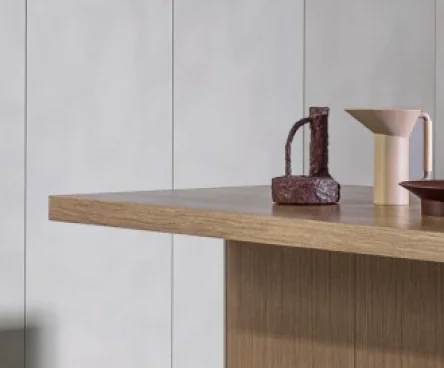 Wood countertop detail with ceramic vessels