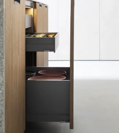 Side view of open kitchen drawers