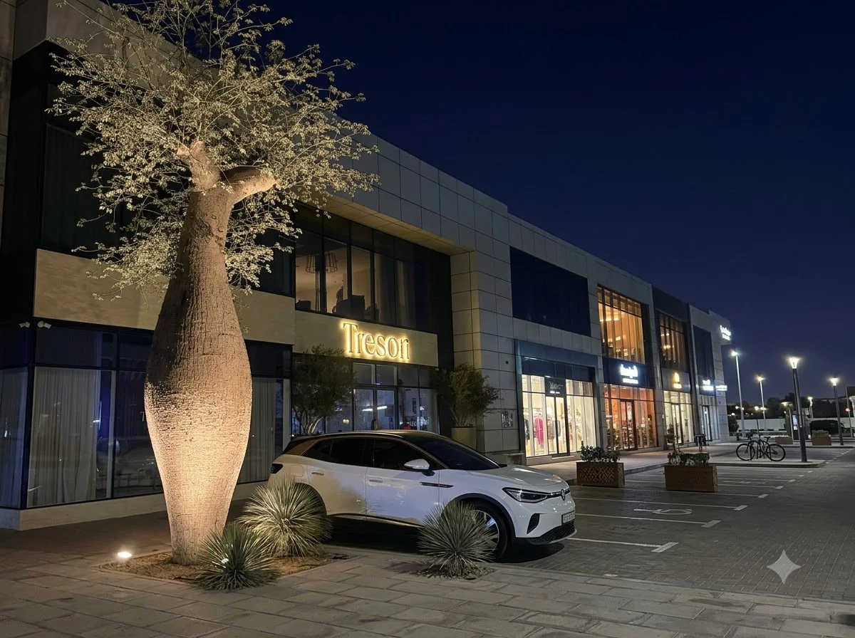 Illuminated Tresori showroom entrance at night beside a large tree.
