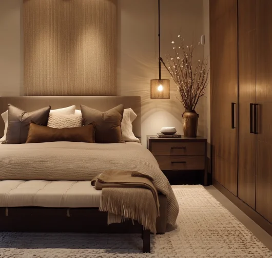 Warm bedroom with an upholstered bed, timber cabinetry and pendant light