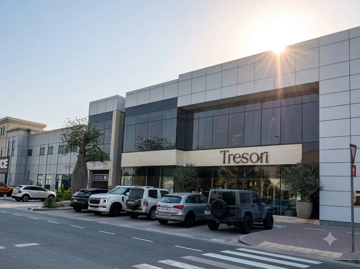 Tresori showroom exterior in daylight, with its sign above the entrance and cars parked outside.