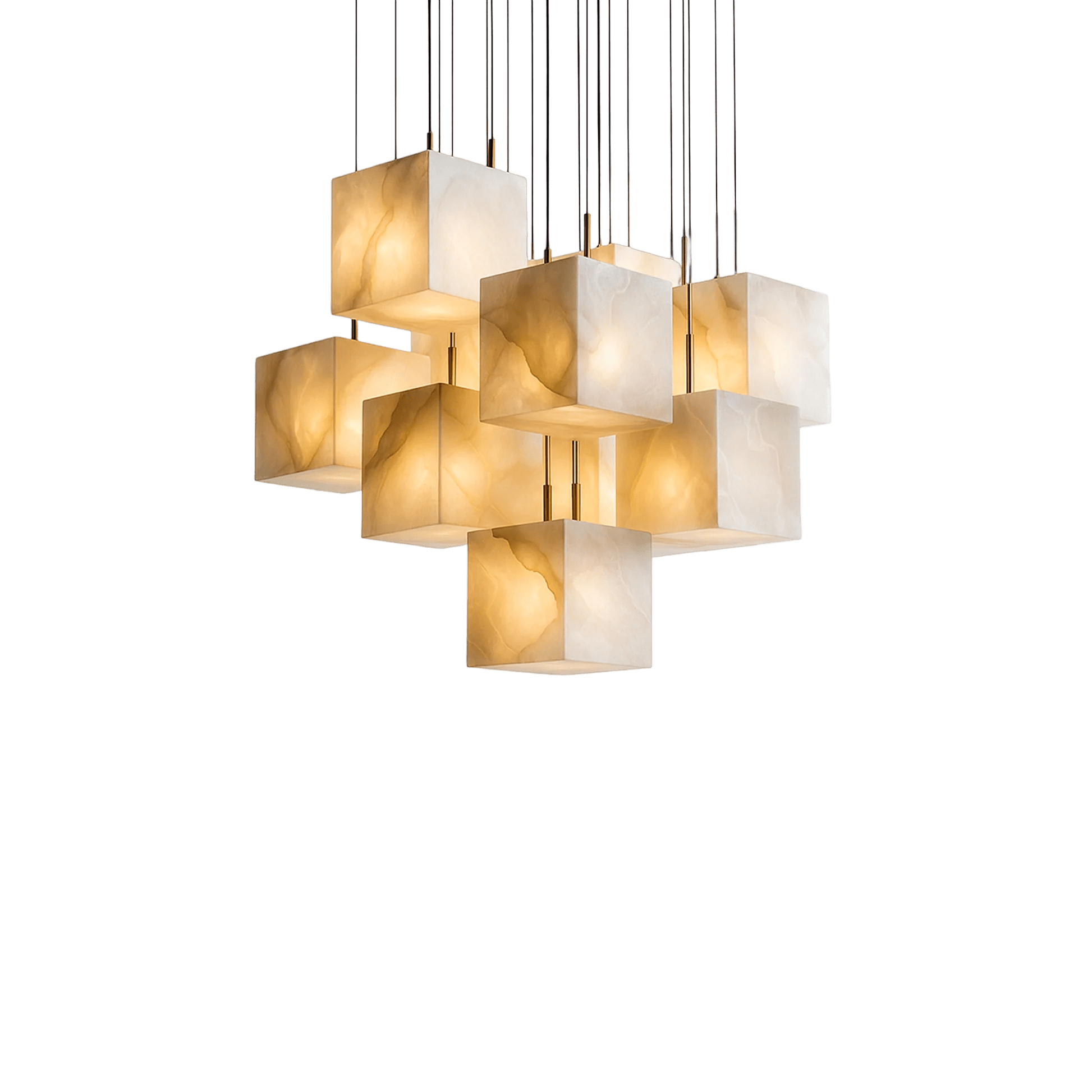 Sculptural cluster of illuminated stone pendant lamps