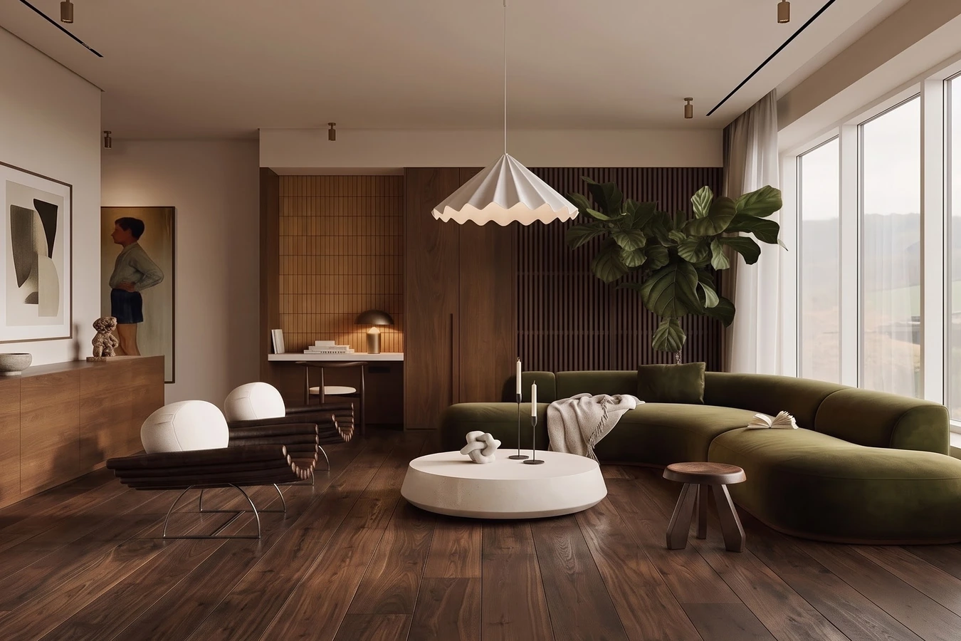 Contemporary living room with green seating and sculptural furniture
