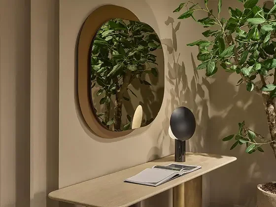 Stone console beneath an oval mirror, with a black lamp and leafy indoor plants.