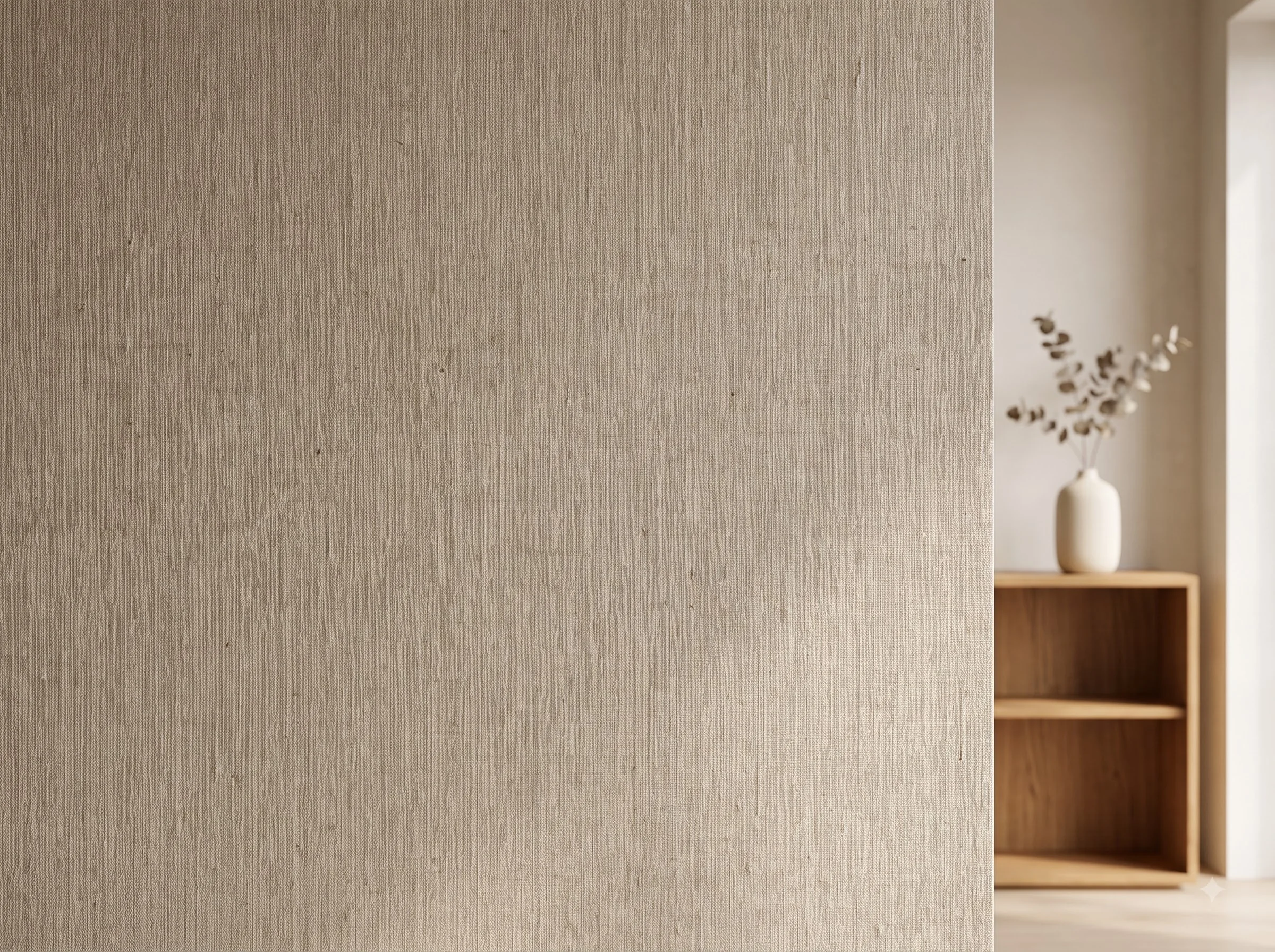 Textured wallcovering beside a timber console and white vase.