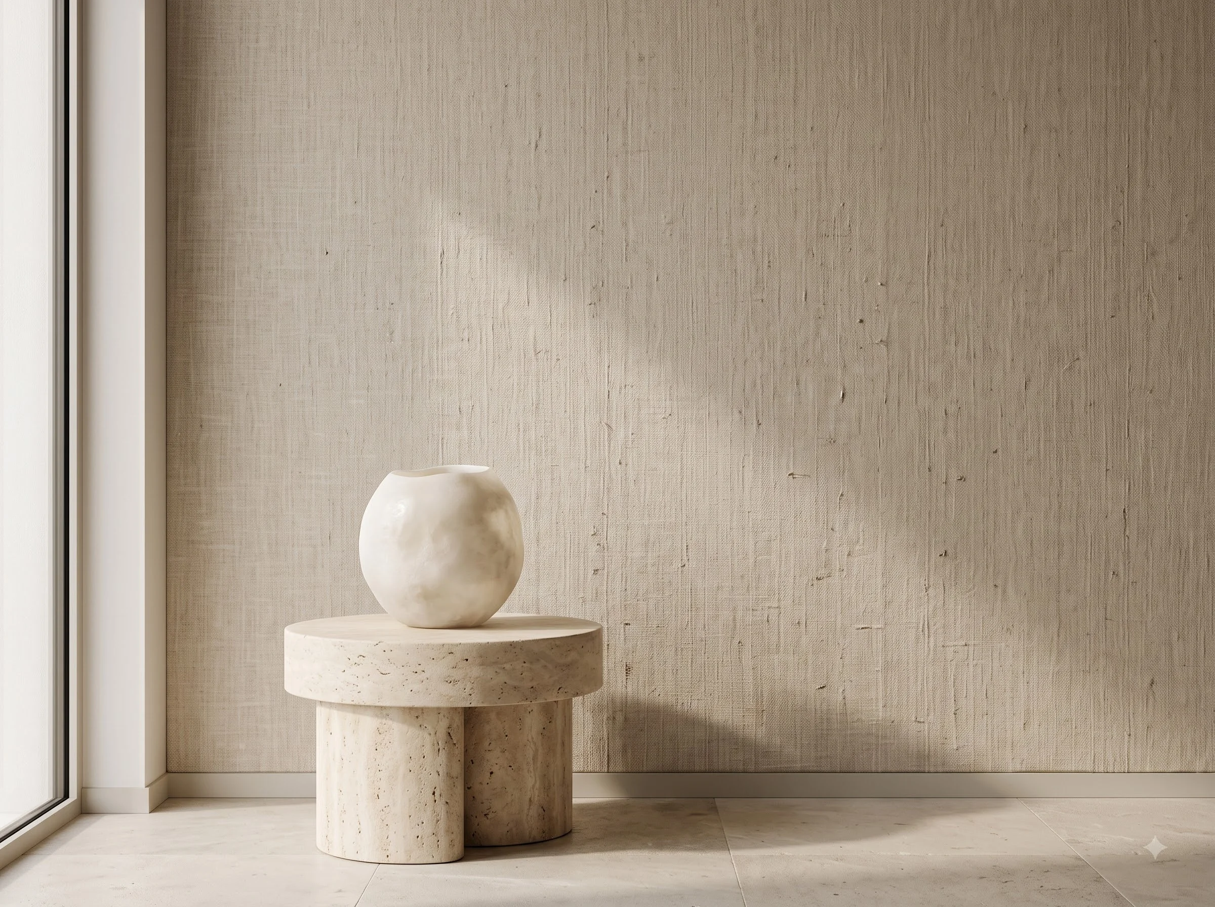 Neutral textured wallcovering beside a window and stone side table.