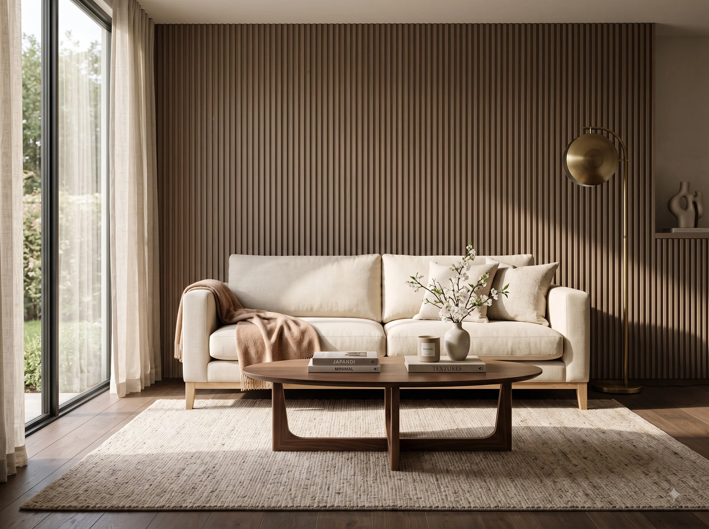 Sheer curtains beside a sunlit living room with a cream sofa and timber wall