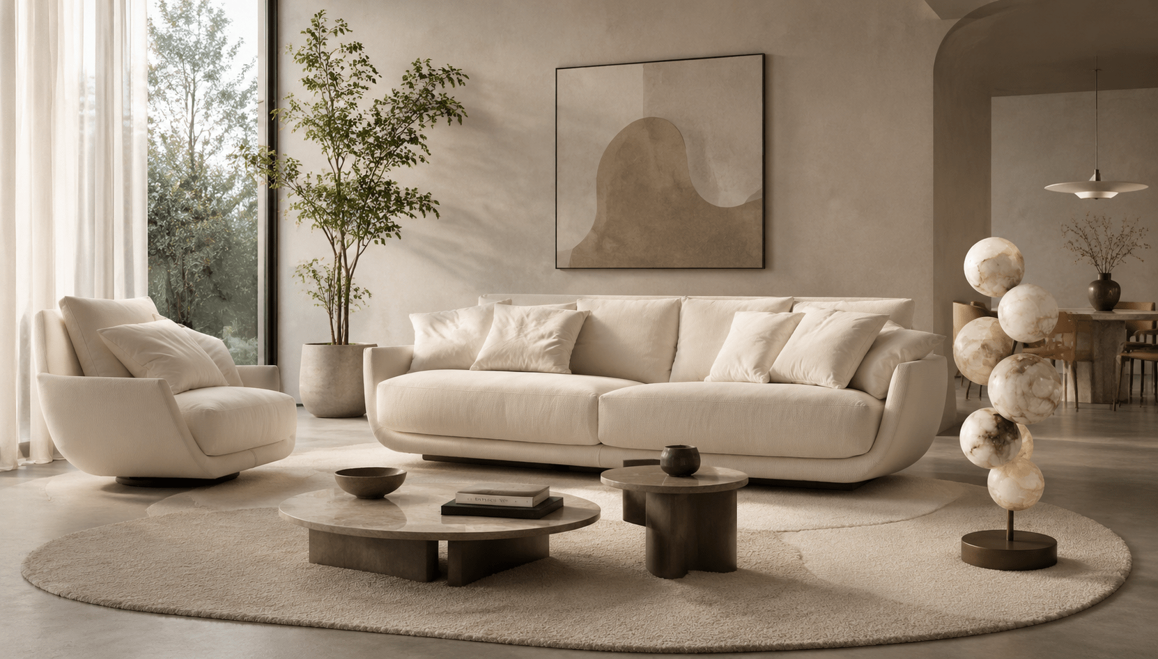 A composed living room with sculptural seating, travertine surfaces, a table lamp and a textured rug