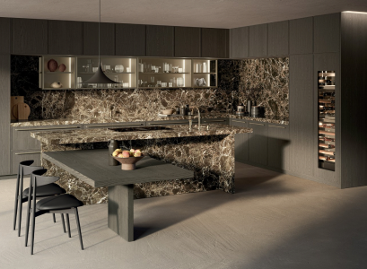 Dark Italian kitchen with a veined stone island and black bar stools