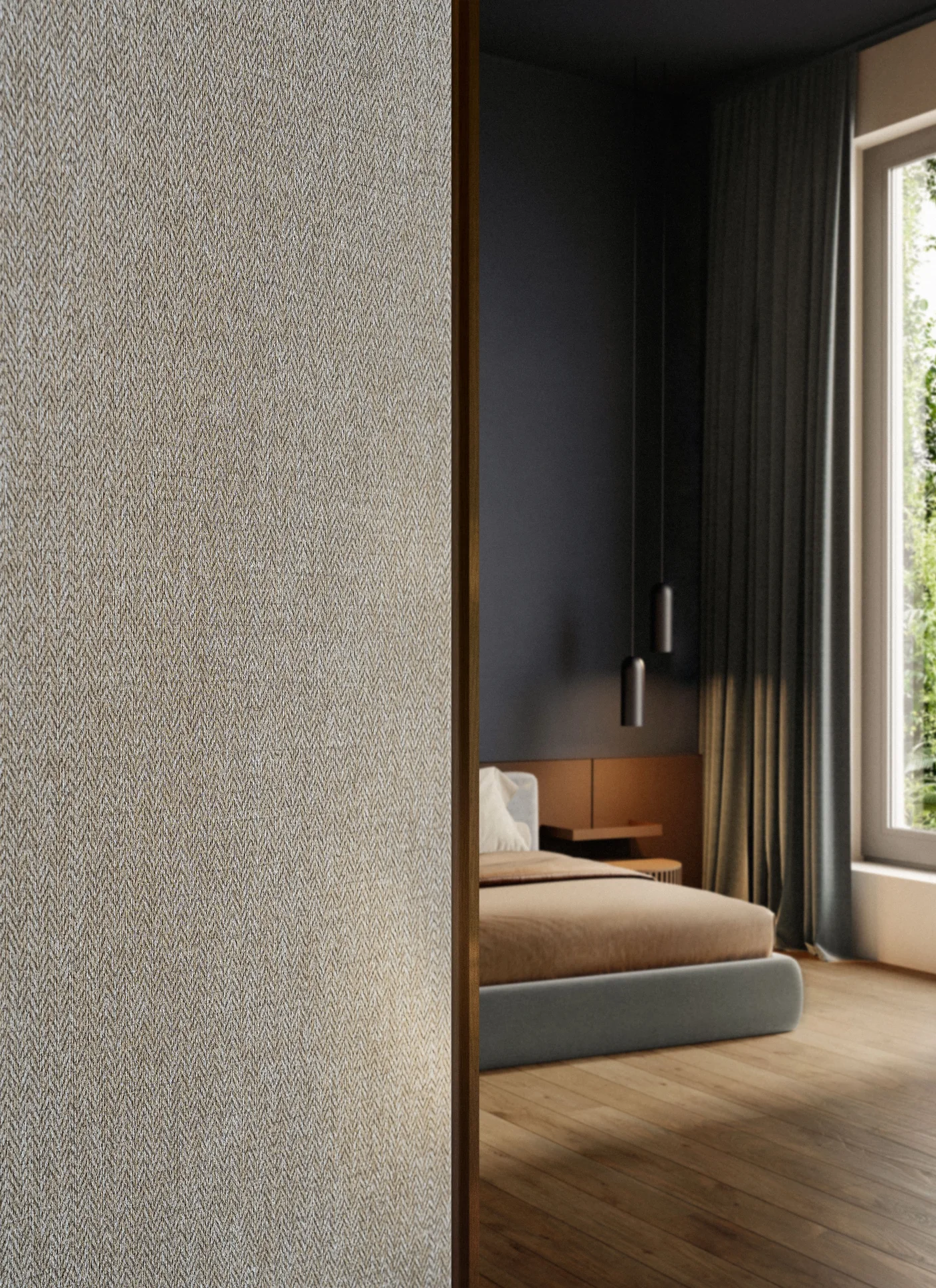 Vescom Harrison wallcovering detail in an interior setting, highlighting its tactile herringbone texture.
