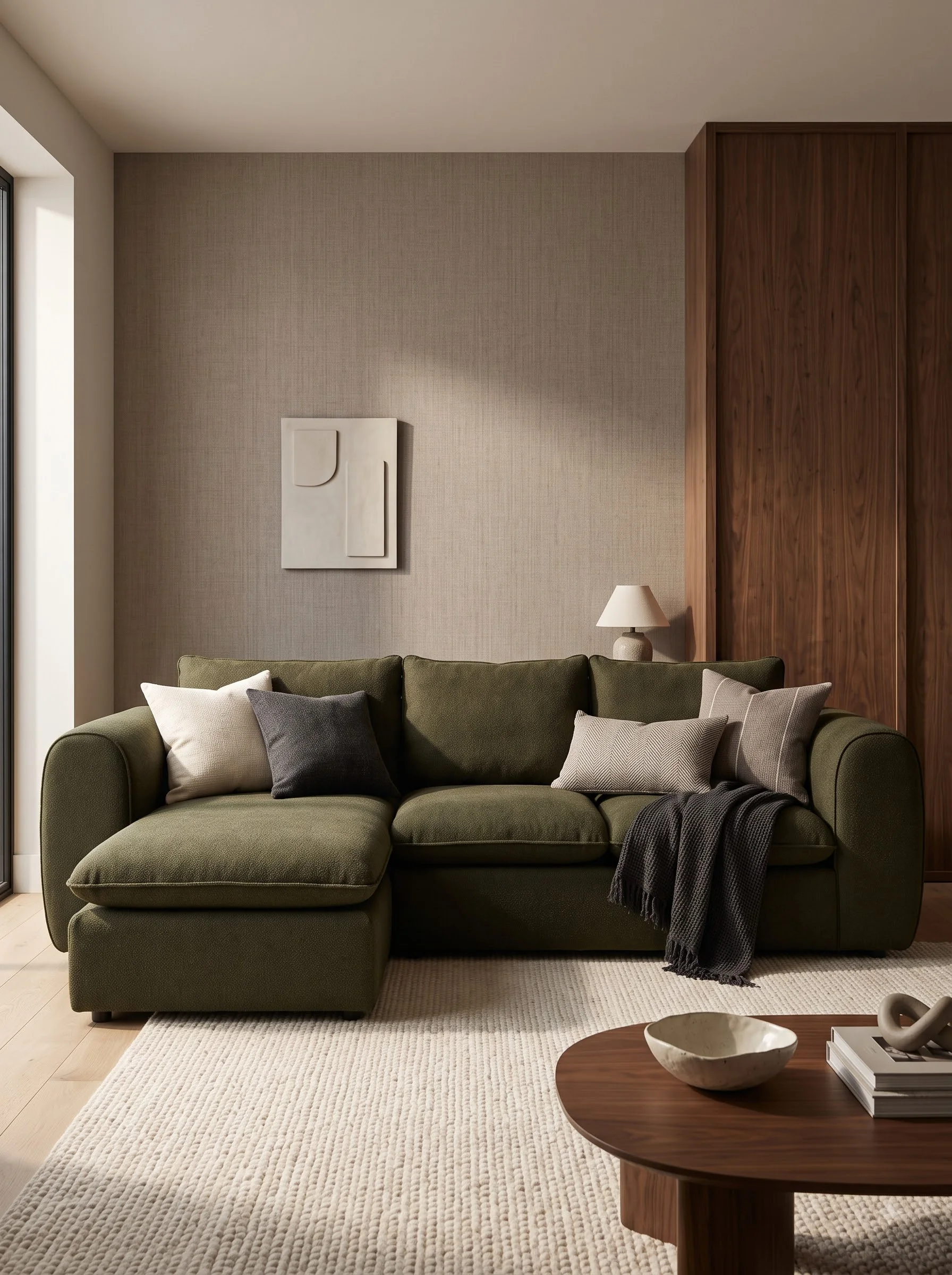 Olive sofa against textured neutral wallcovering and dark timber panels