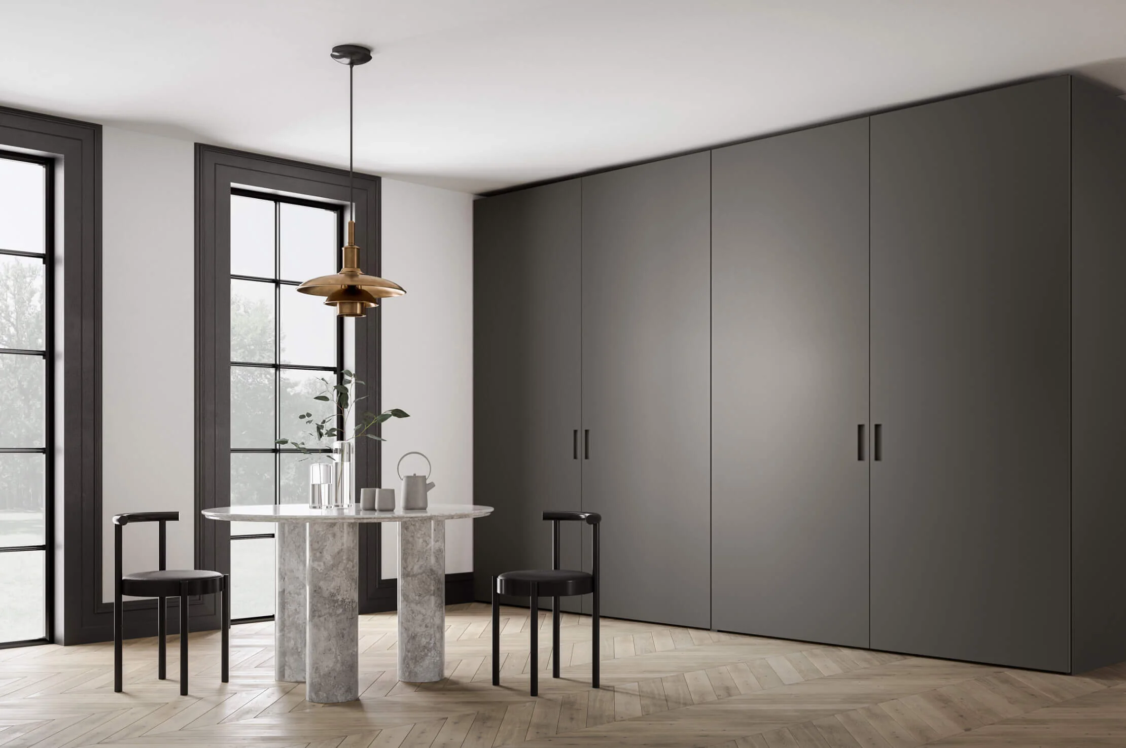 Dark grey Alterna Coplanar wardrobe with flush doors beside black-framed windows