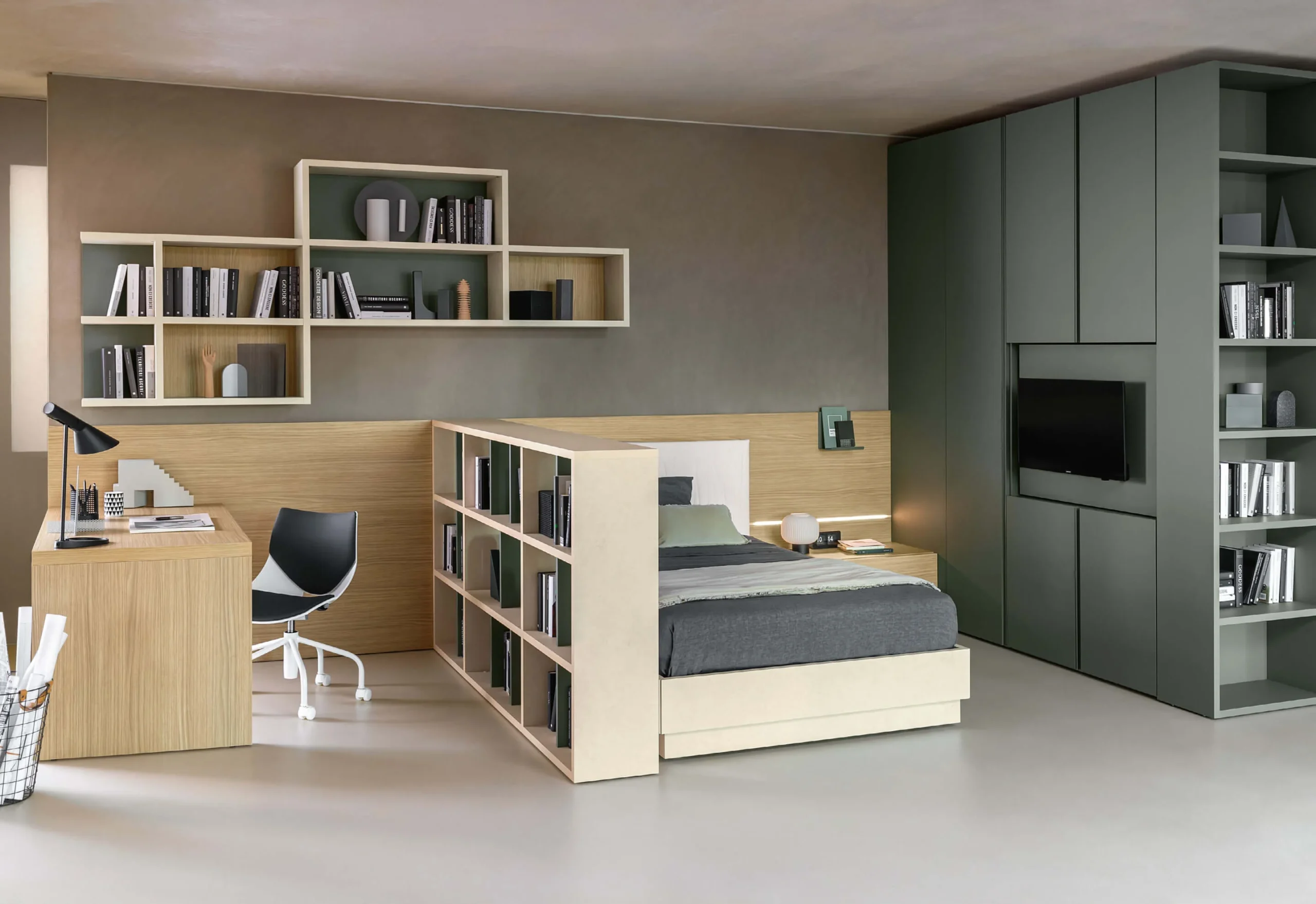 Green Alterna hinged wardrobe with an integrated television and end bookcase in a bedroom
