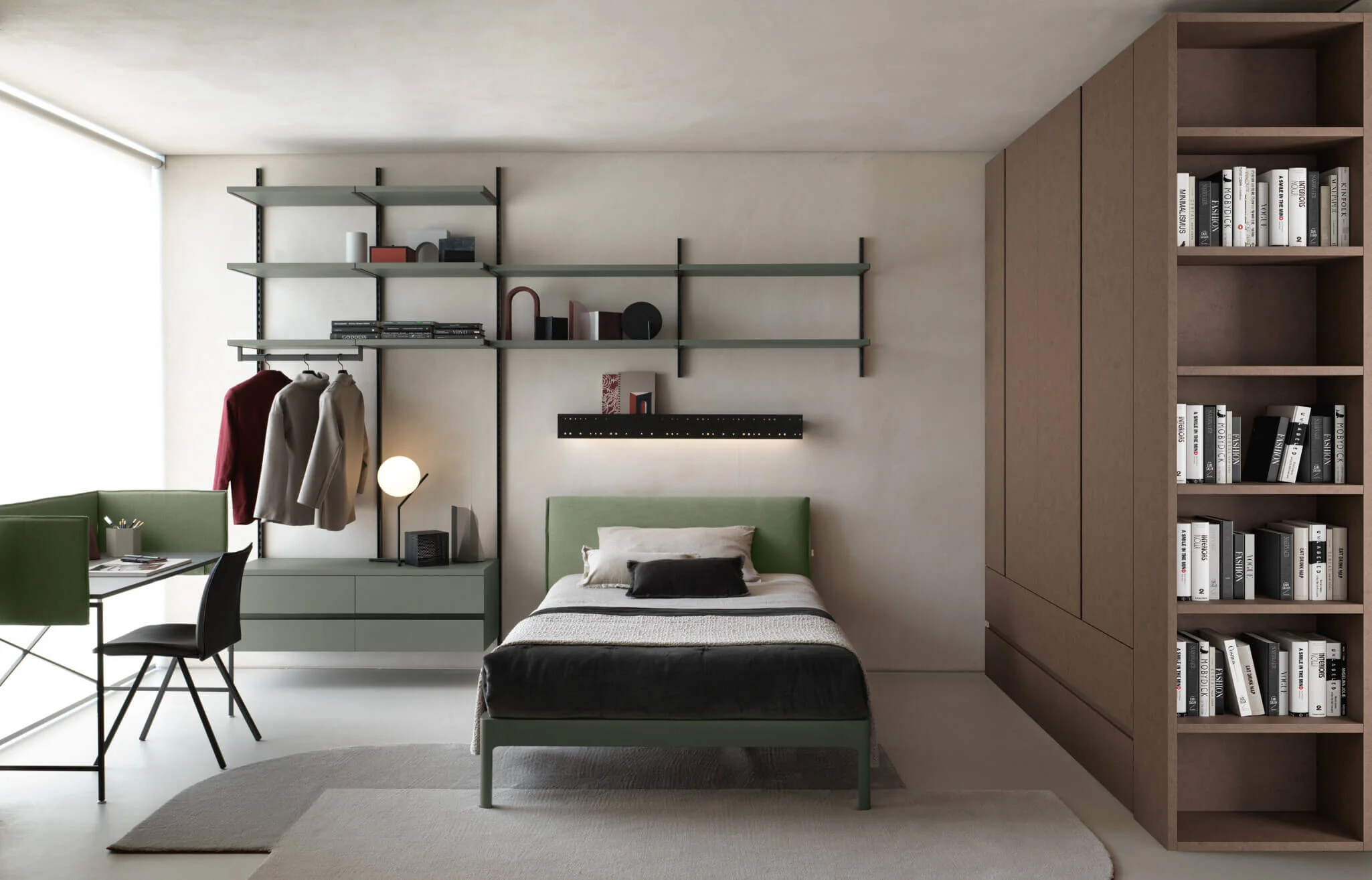 Brown Alterna wardrobe and open end bookcase beside a green bed