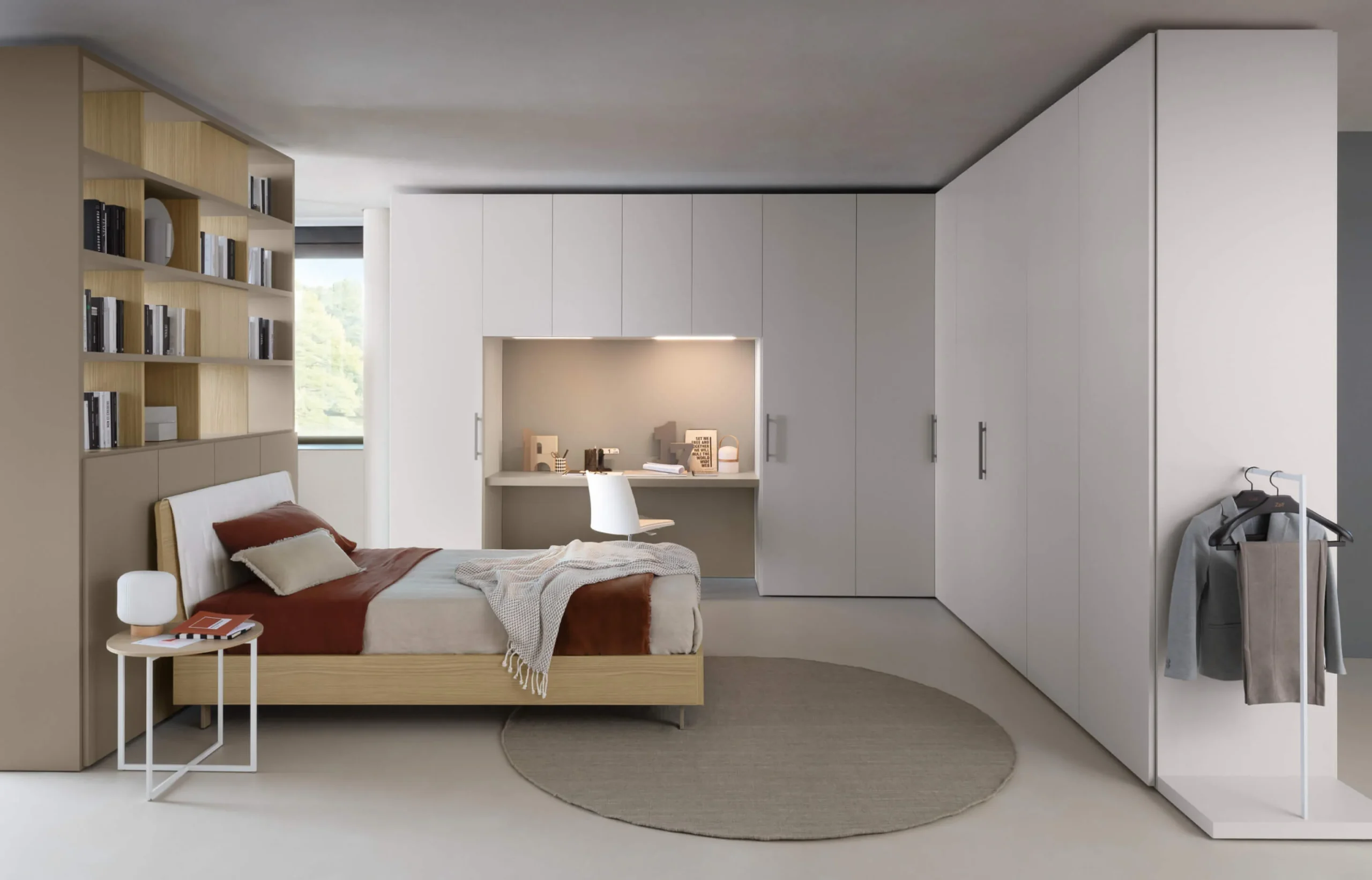 Pale L-shaped Alterna wardrobe with an integrated desk