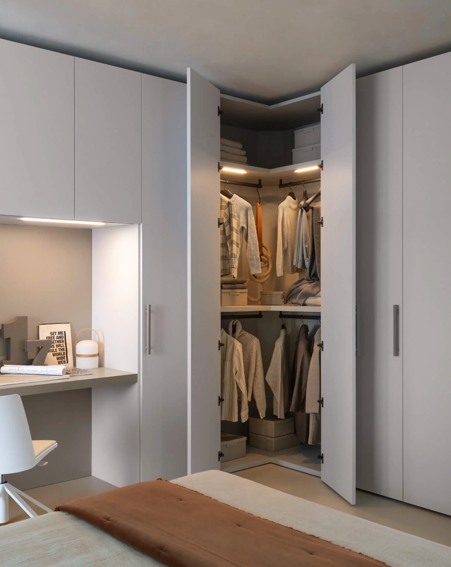 Open Alterna corner wardrobe with illuminated hanging storage