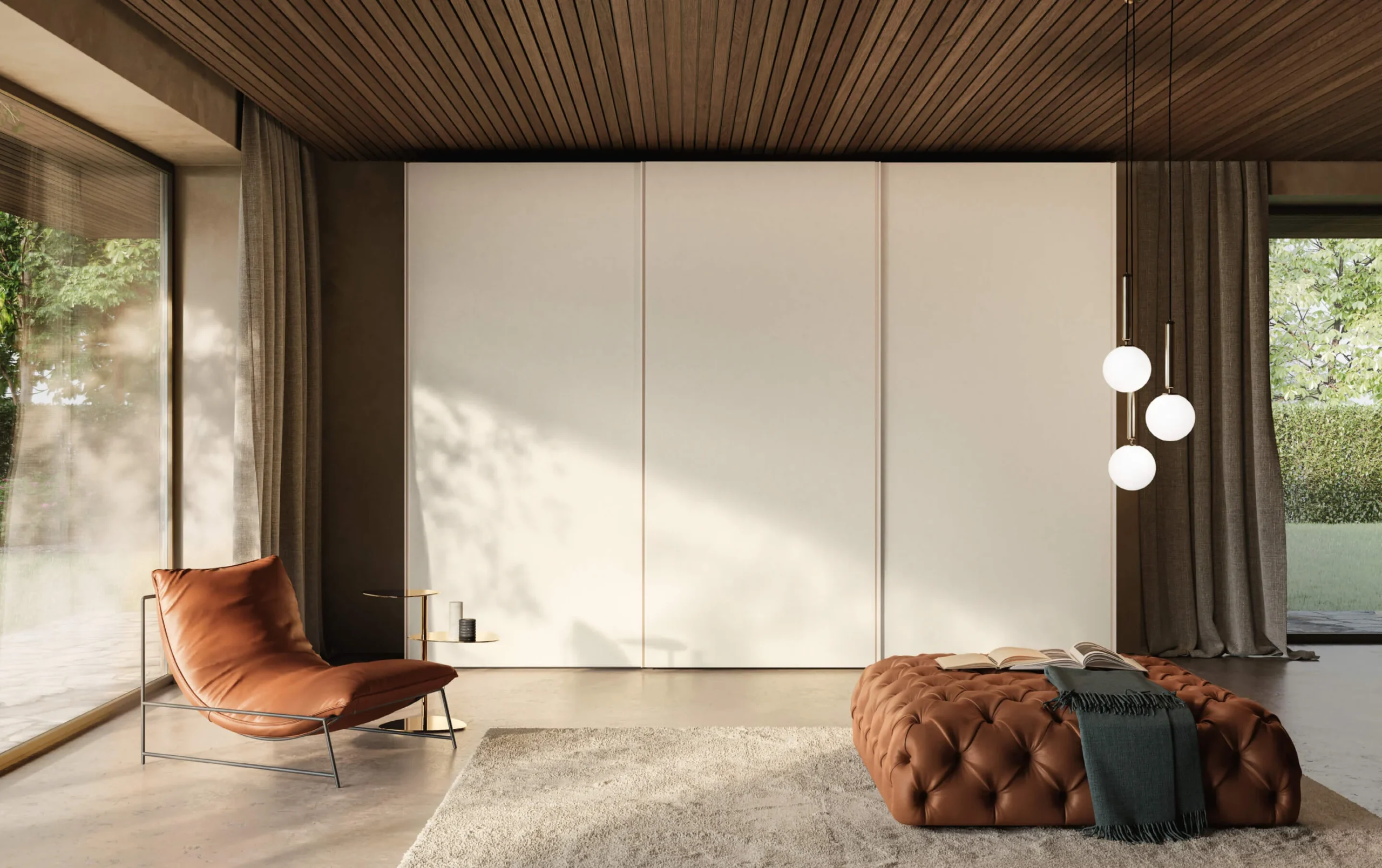 Ivory Alterna Sliding wardrobe beneath a timber ceiling beside a tan lounge chair