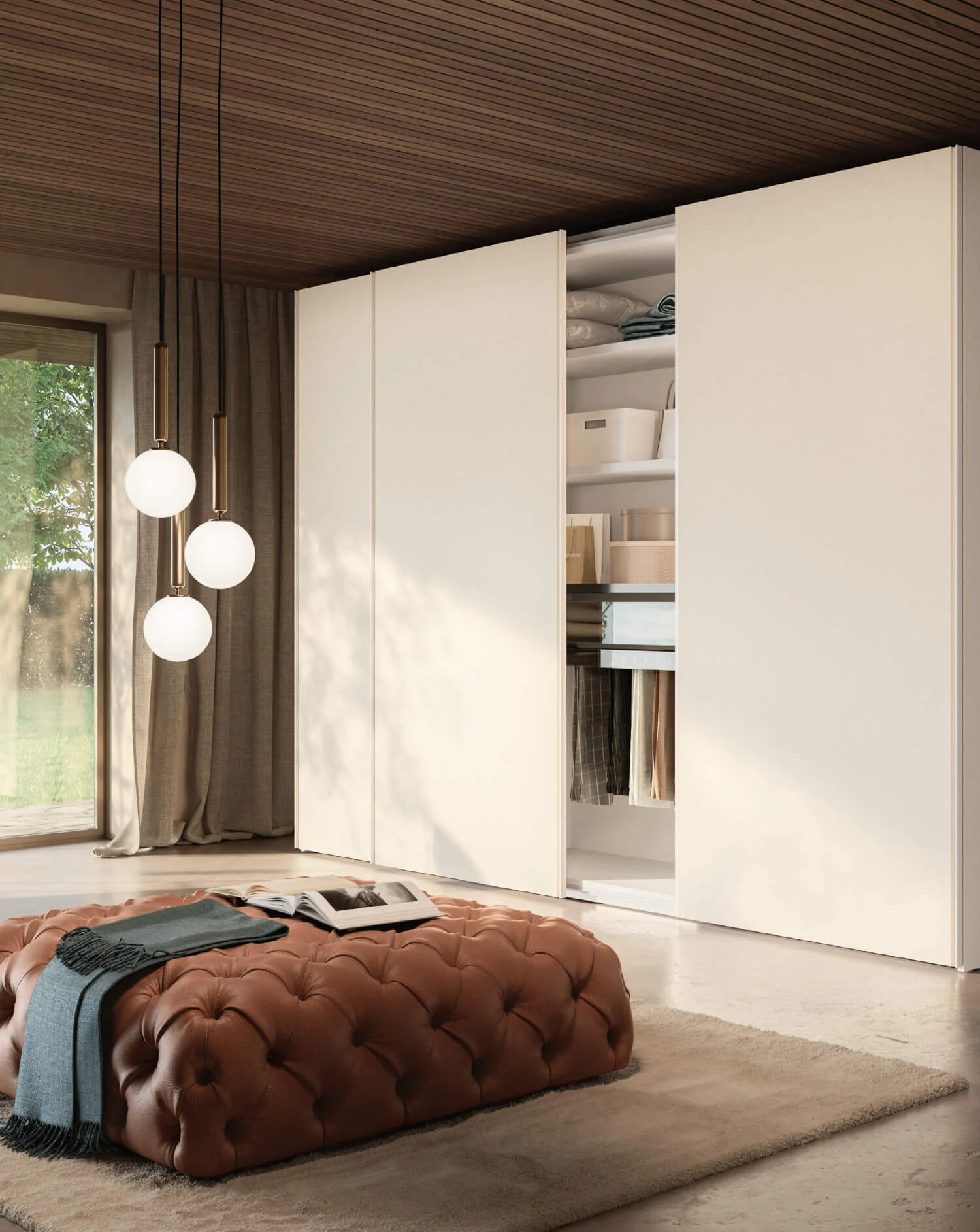 Partially open Alterna Sliding wardrobe showing shelves, drawers and hanging storage