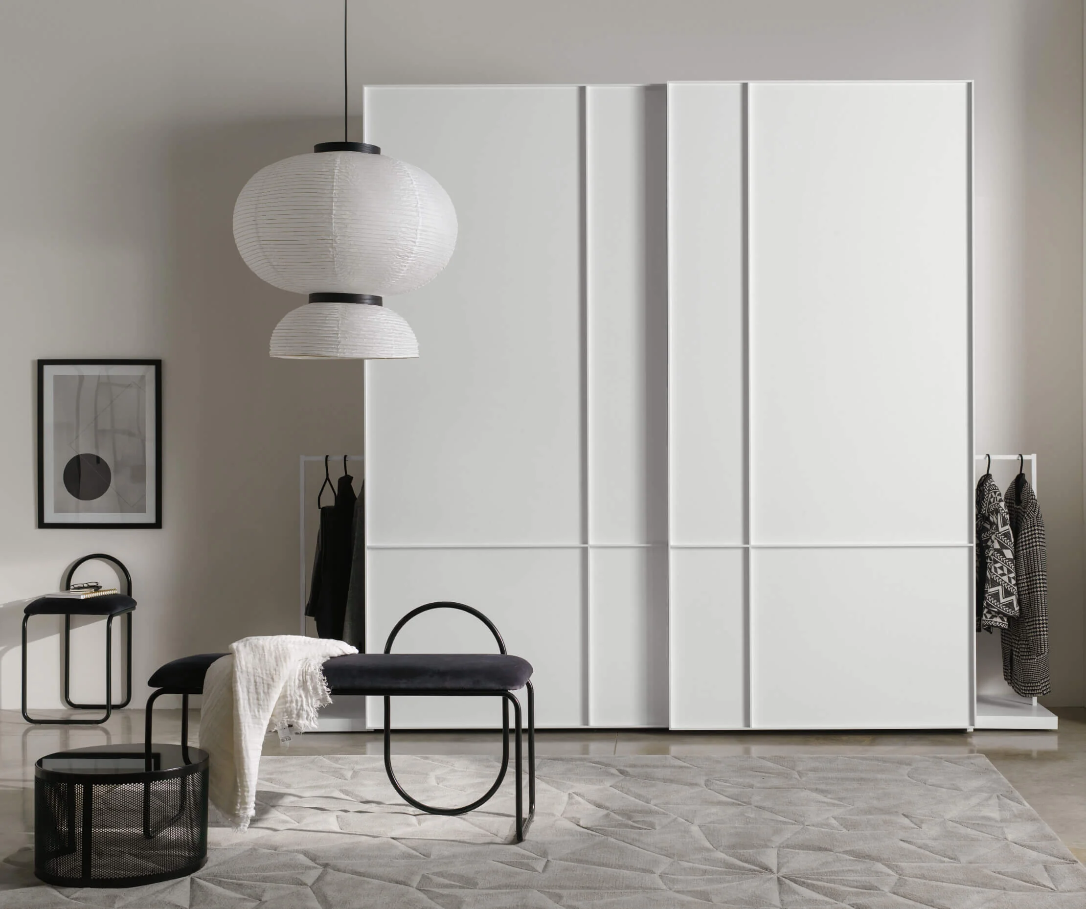 White framed Alterna Sliding wardrobe with side hanging rails