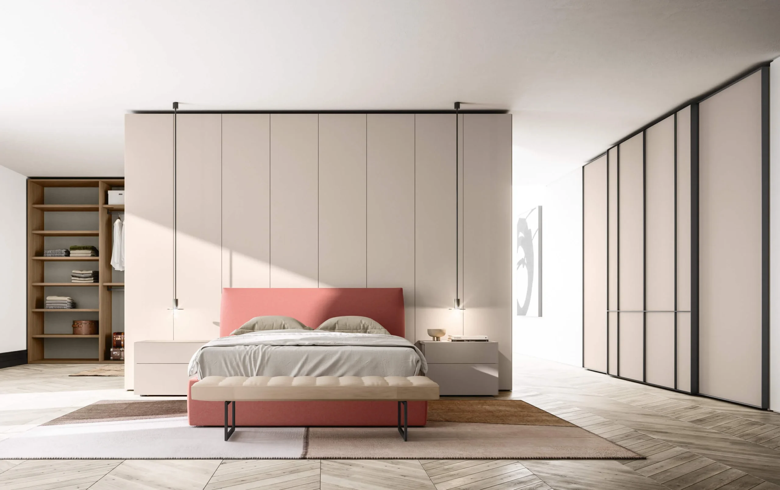 Alterna Sliding wardrobe in a bedroom with a coral bed